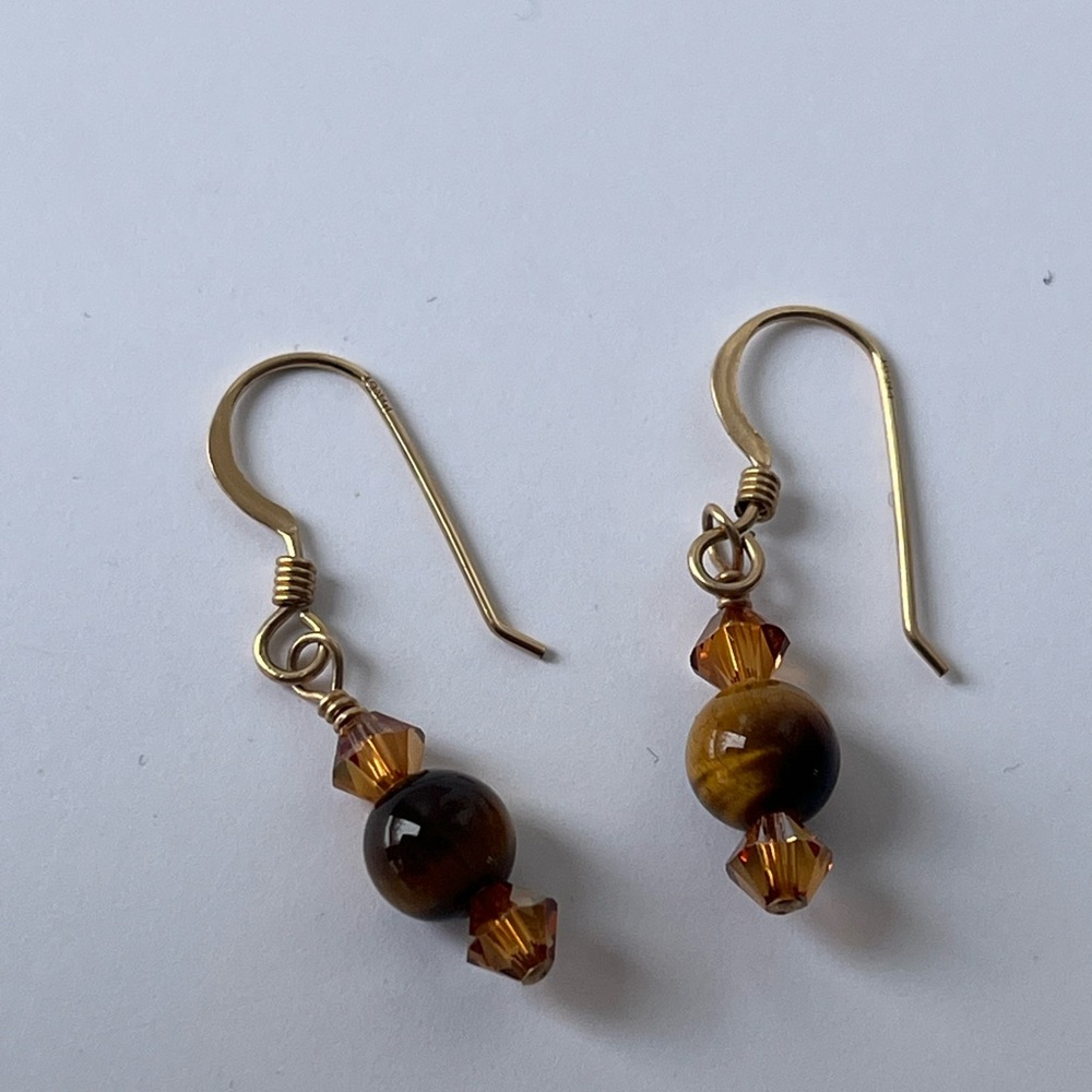 NEW Gold-Filled Tiger Eye Bead Drop Earrings - Brown and Amber